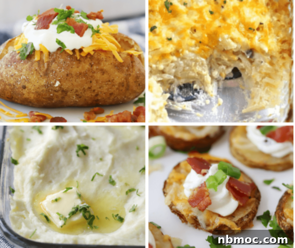 A diverse collection of potato side dishes, showcasing various preparations like roasted, mashed, and baked potatoes.