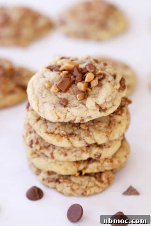Close-up of Heath Toffee Cookies, showing their inviting texture and toffee pieces.