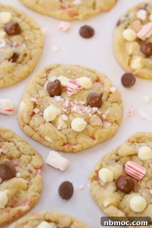 Candy Cane Chocolate Chip Cookies arranged on a pristine white plate, showcasing their festive appeal.