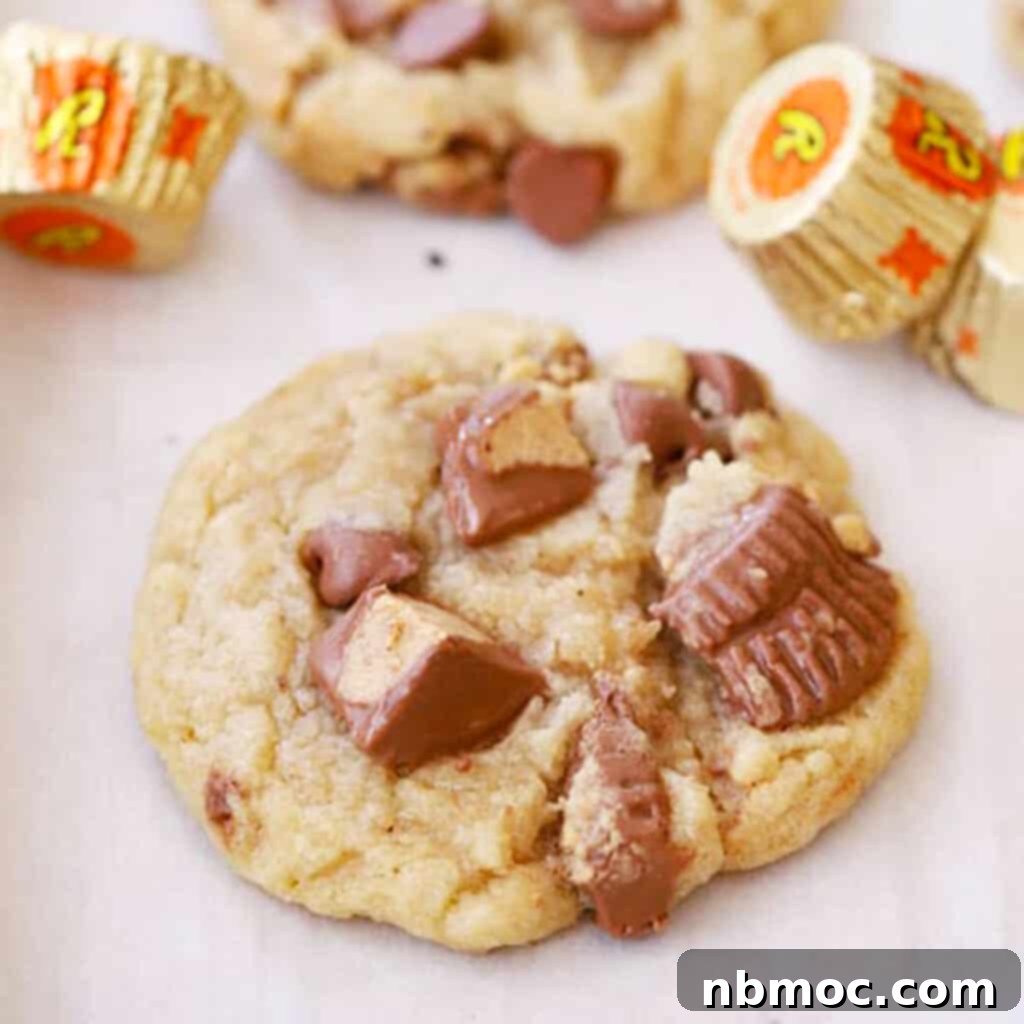 The delightful Reese's Peanut Butter Cup Cookies recipe, showcasing their indulgent filling.
