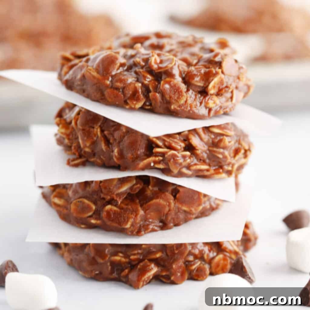 Recipe for oatmeal no-bake cookies served on parchment squares, highlighting their convenience.