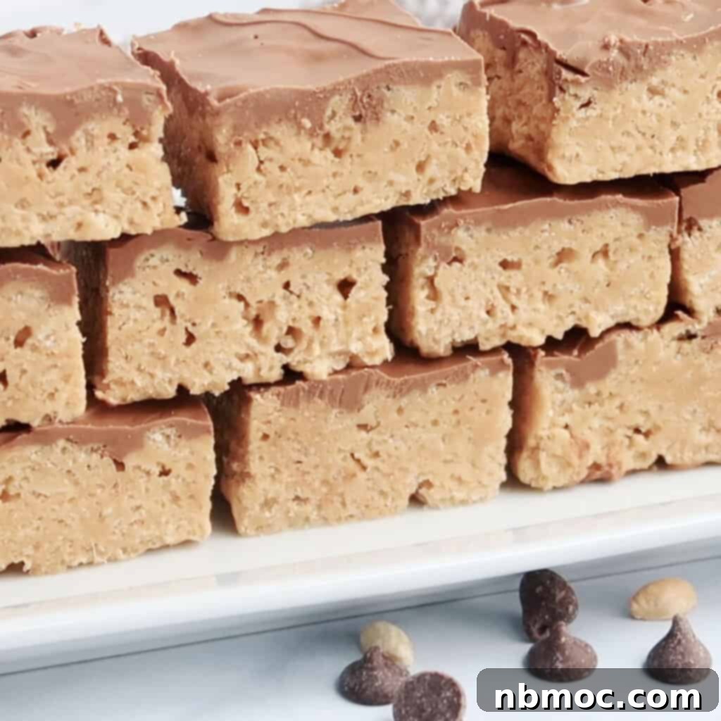 Recipe for Scotcharoos stacked enticingly on a plate, highlighting these easy no-bake cookie bars.