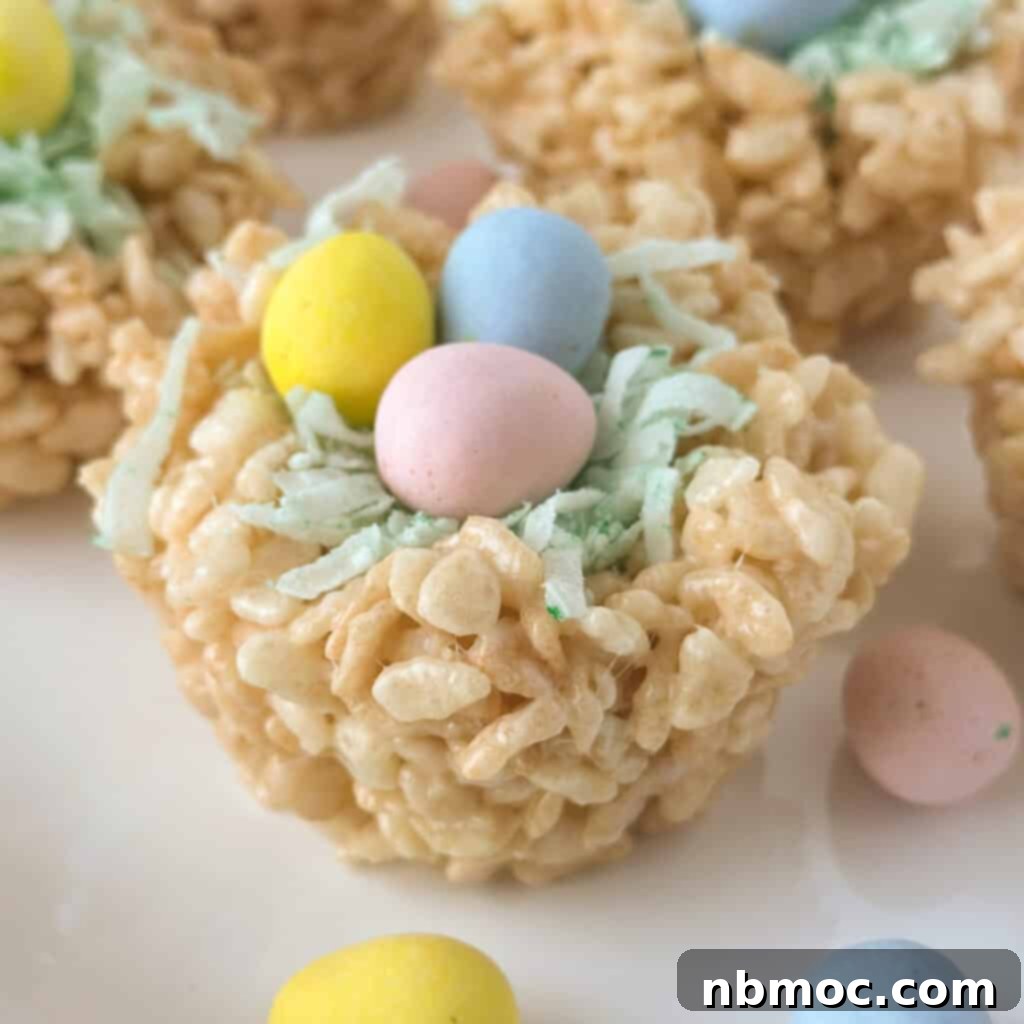 Easter Rice Krispy Treats: a Rice Krispies treat decorated to look like a bird's nest, complete with three chocolate eggs on top. Also known as Rice Krispies nests.