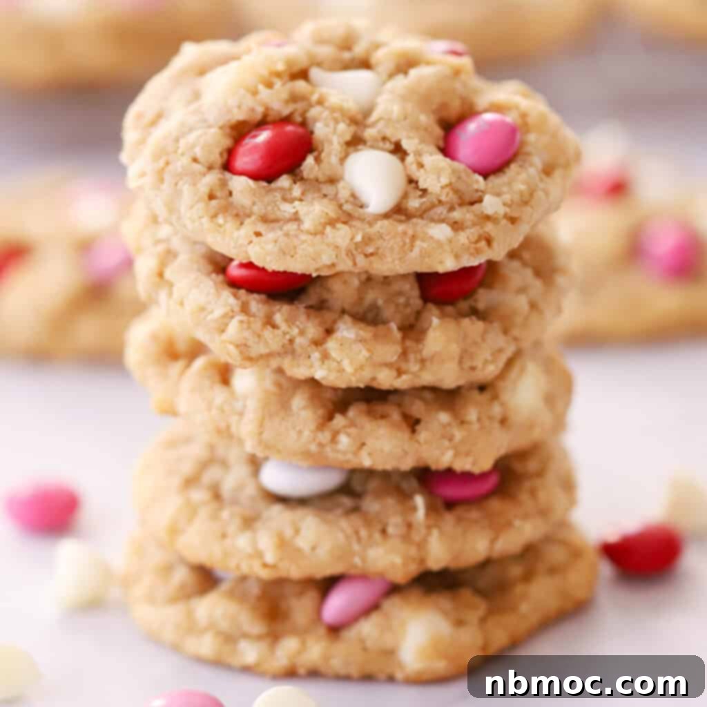 Stacked white chocolate chip coconut cookies, showcasing their inviting appearance.
