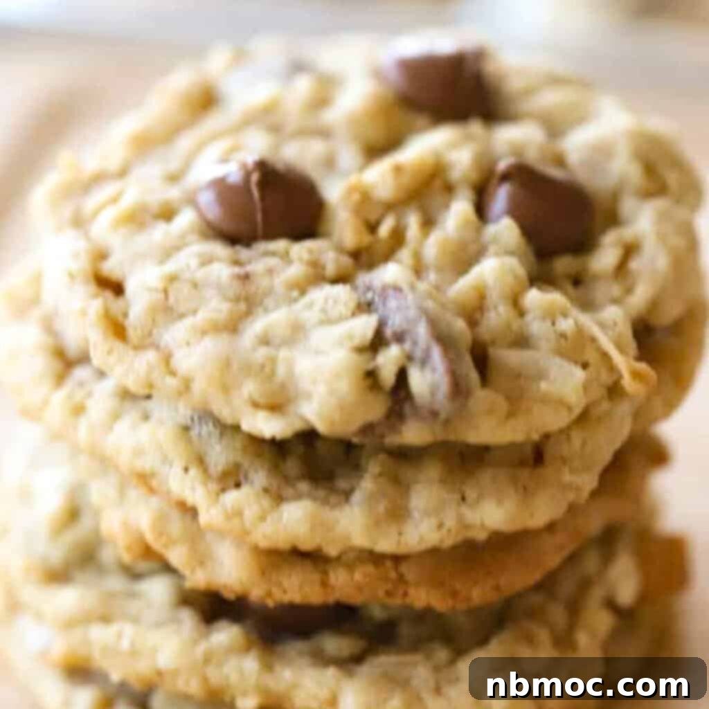 Coconut chocolate chip oatmeal coconut cookie, hailed as the best, no-fail cookie recipe.