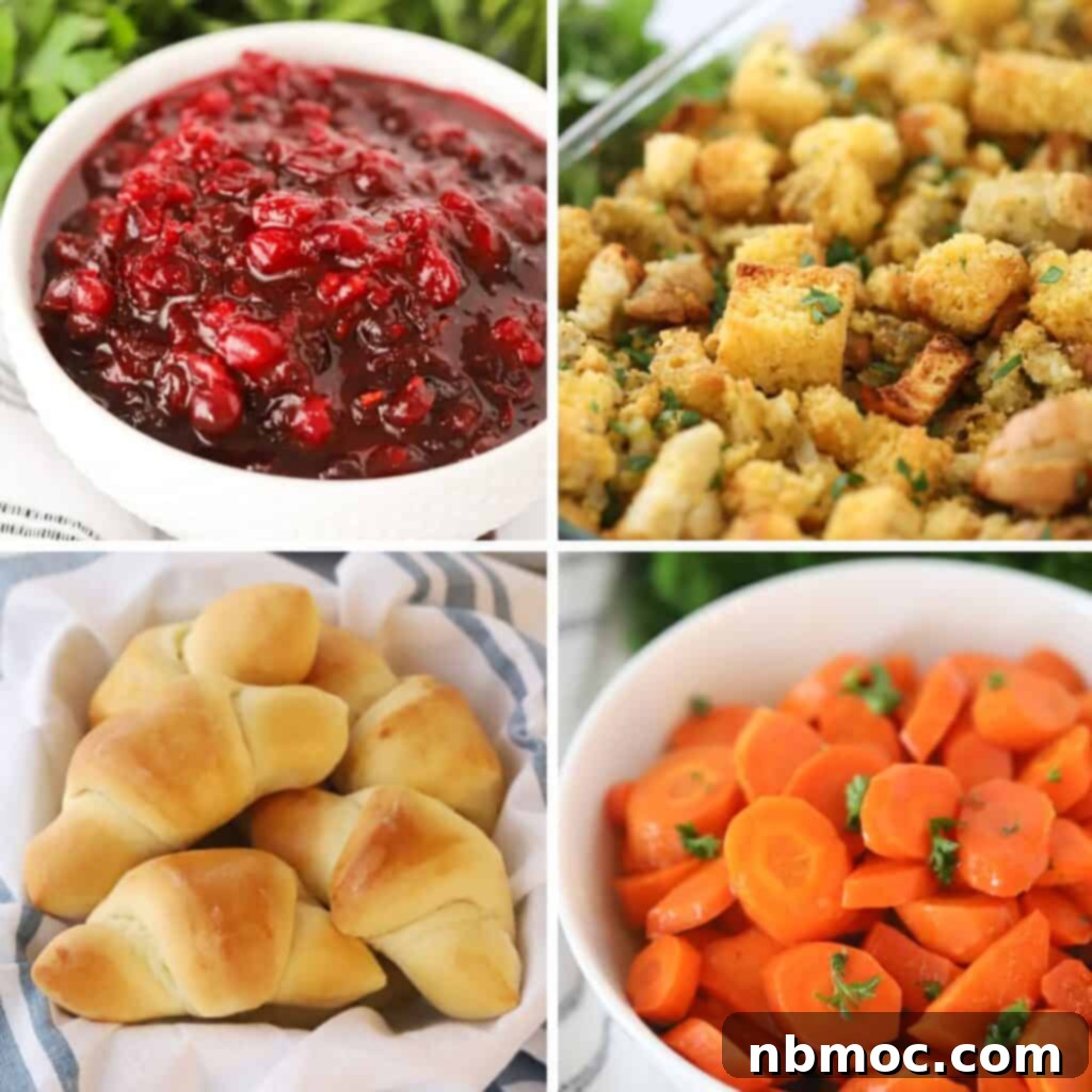 A vibrant display of four essential Thanksgiving side dishes: a bowl of homemade cranberry sauce, a serving of golden stuffing, fluffy dinner rolls, and perfectly roasted carrots, all ready for a festive meal.
