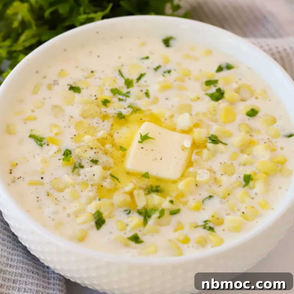 A large white bowl filled with creamy homemade creamed corn, garnished and ready to serve, a comforting side dish.