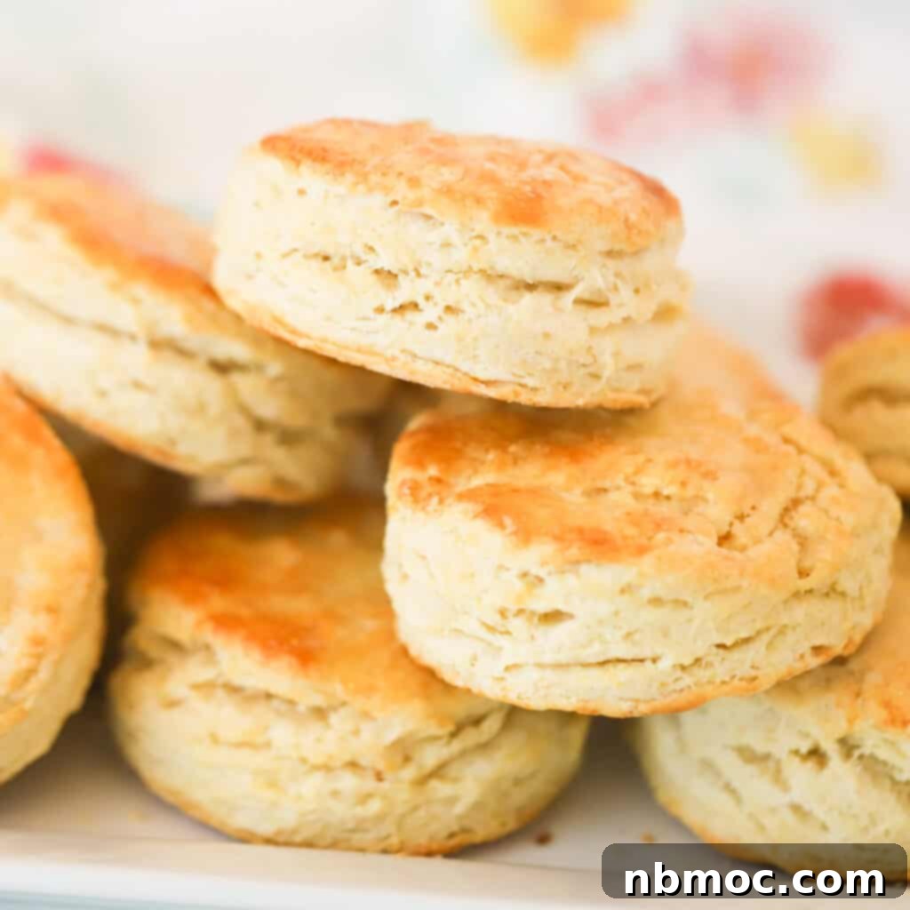 A stack of perfectly golden homemade flaky biscuits, highlighting their fluffy texture, essential baking powder biscuits for any meal.