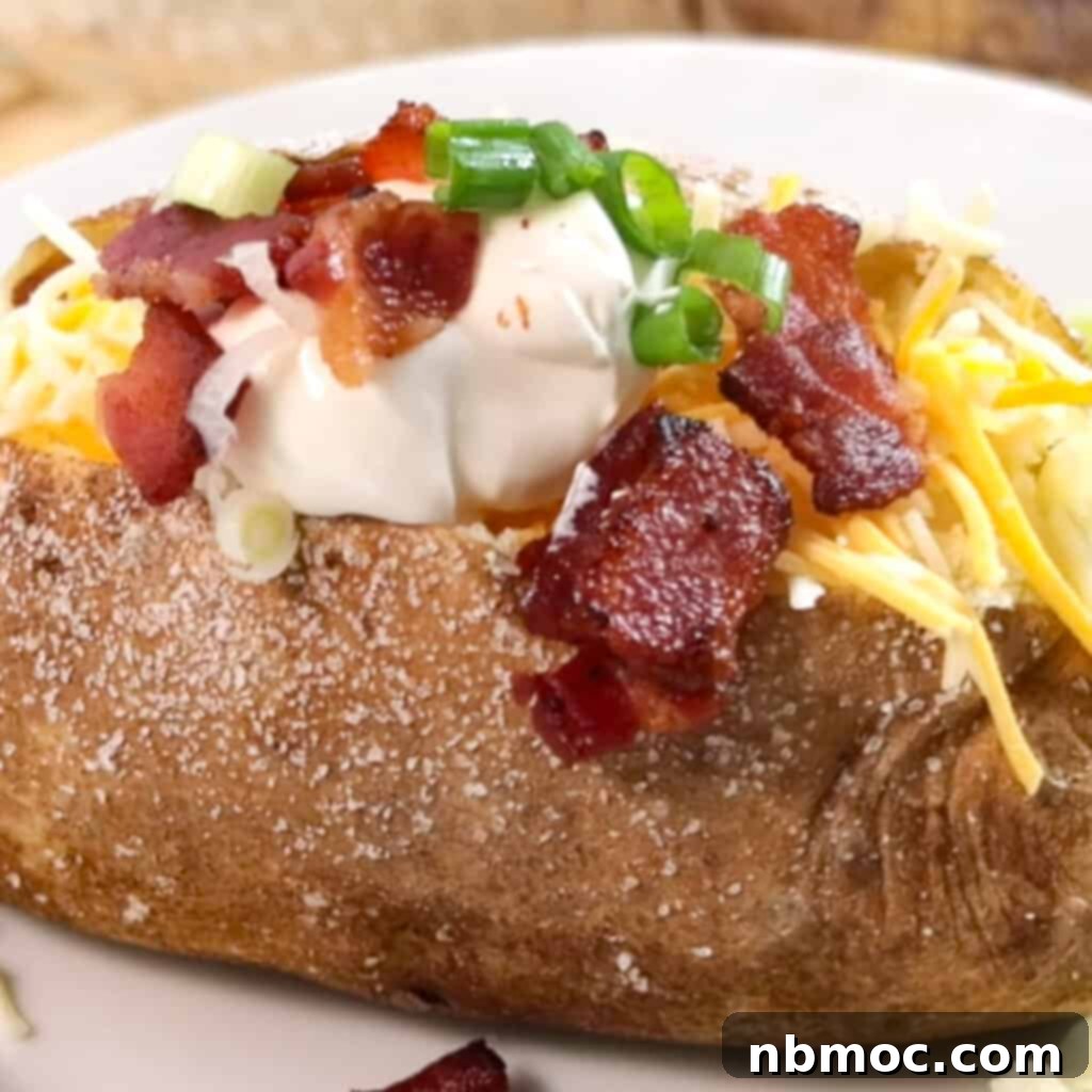 A perfectly baked potato, split open to reveal its fluffy interior, with butter melting on top.