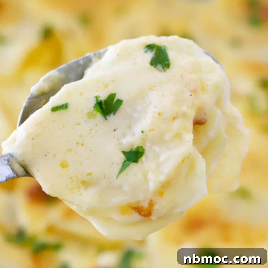 A baking dish filled with homemade au gratin potatoes, golden brown and bubbling, undeniably one of the best Thanksgiving side dishes.