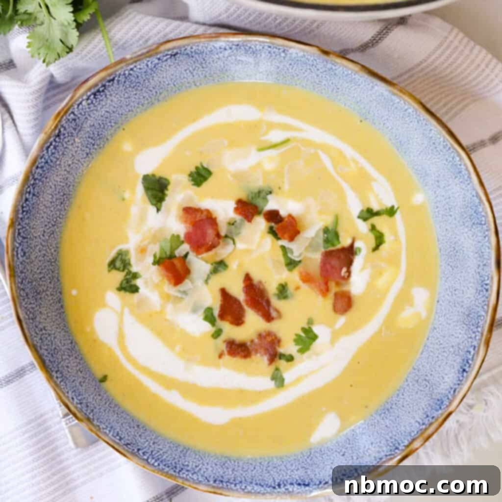 A bowl of vibrant curry acorn squash soup, garnished with fresh herbs, showcasing its rich texture and inviting aroma.