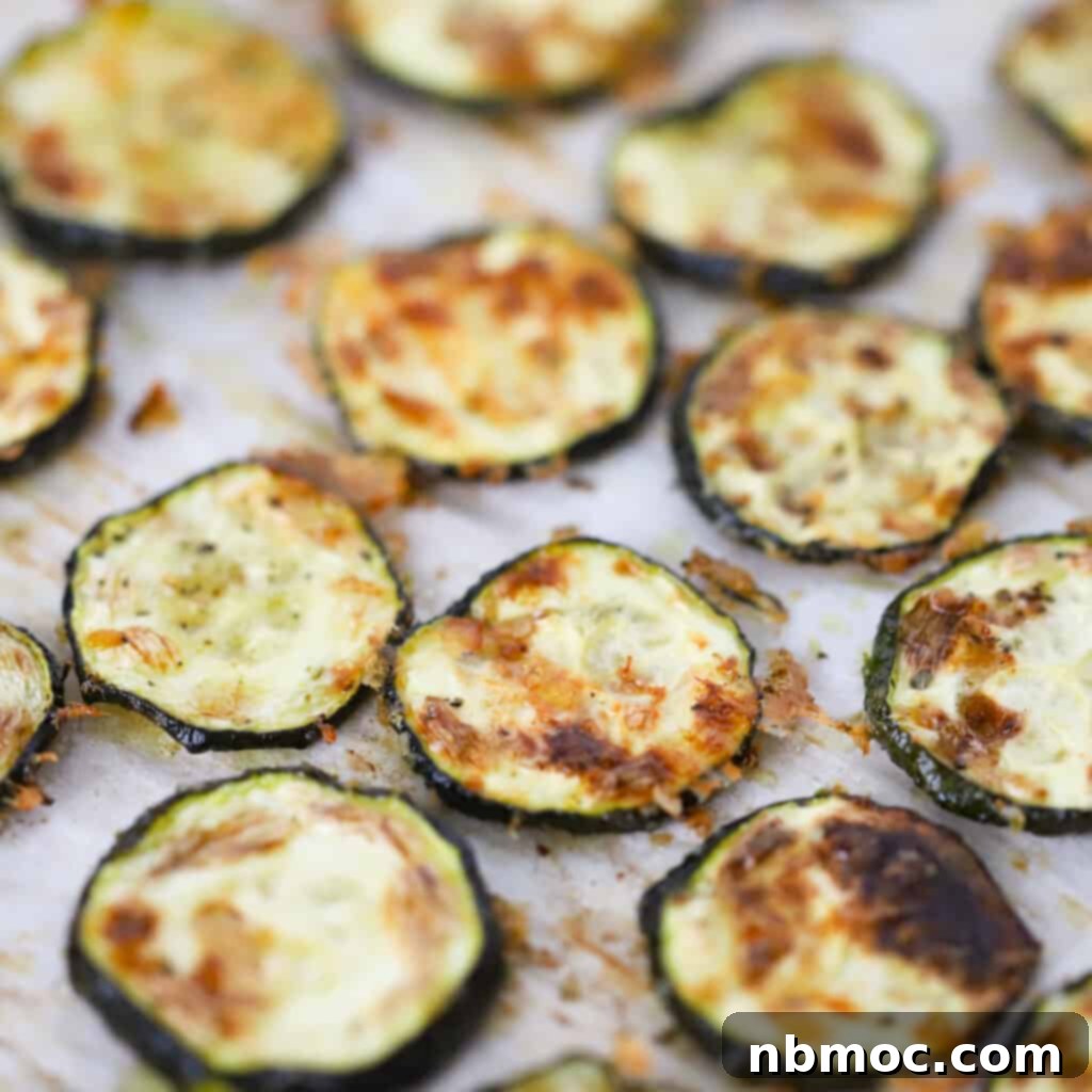 Golden-brown zucchini chips, perfectly baked and crispy, served in a bowl, showcasing this healthy and easy zucchini chips recipe.