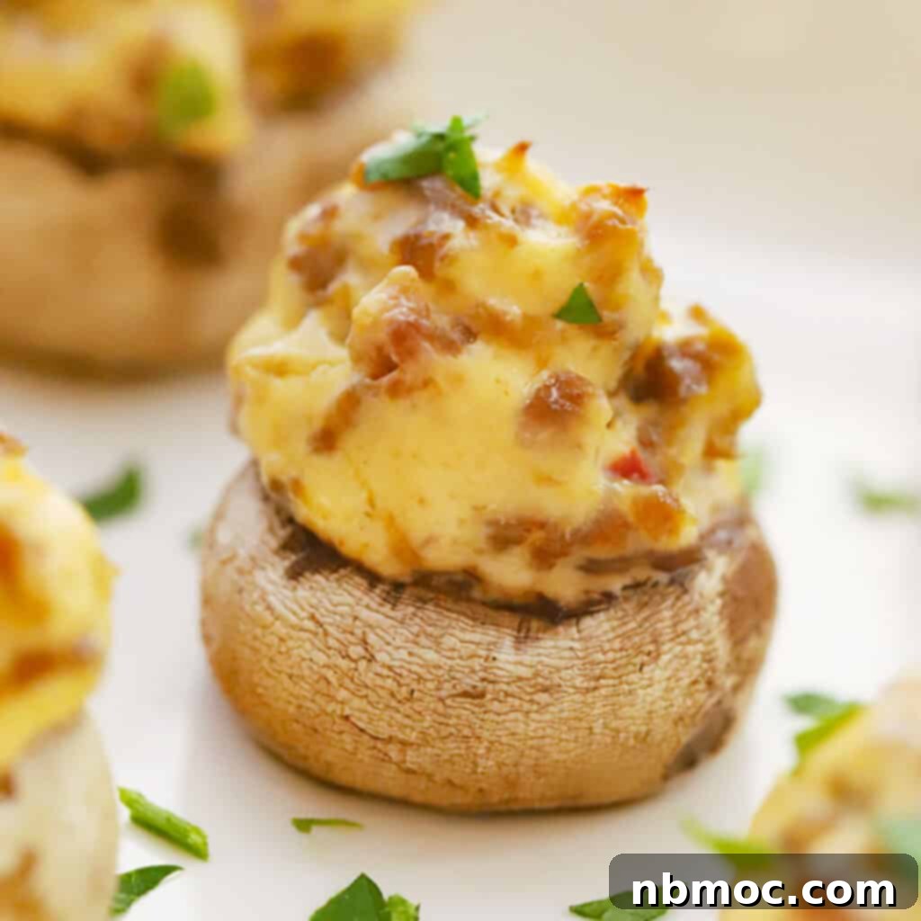 A tray of golden-brown sausage and cream cheese stuffed mushrooms, perfectly baked, presented as one of the best Thanksgiving appetizers.
