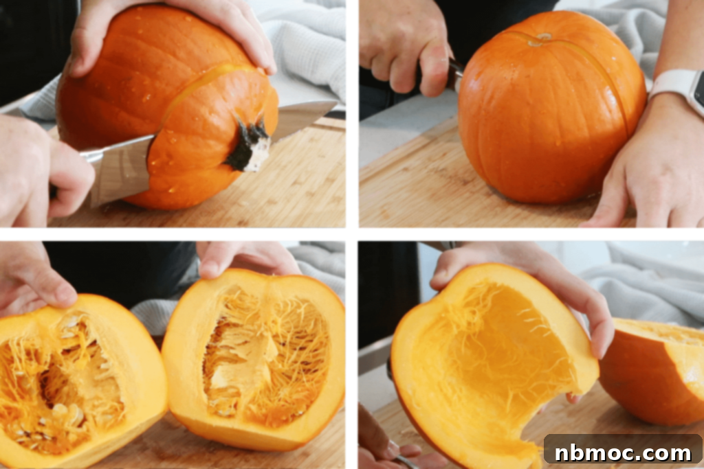 How to cut and clean a pumpkin, showing the pumpkin sliced in half with seeds being scooped out.