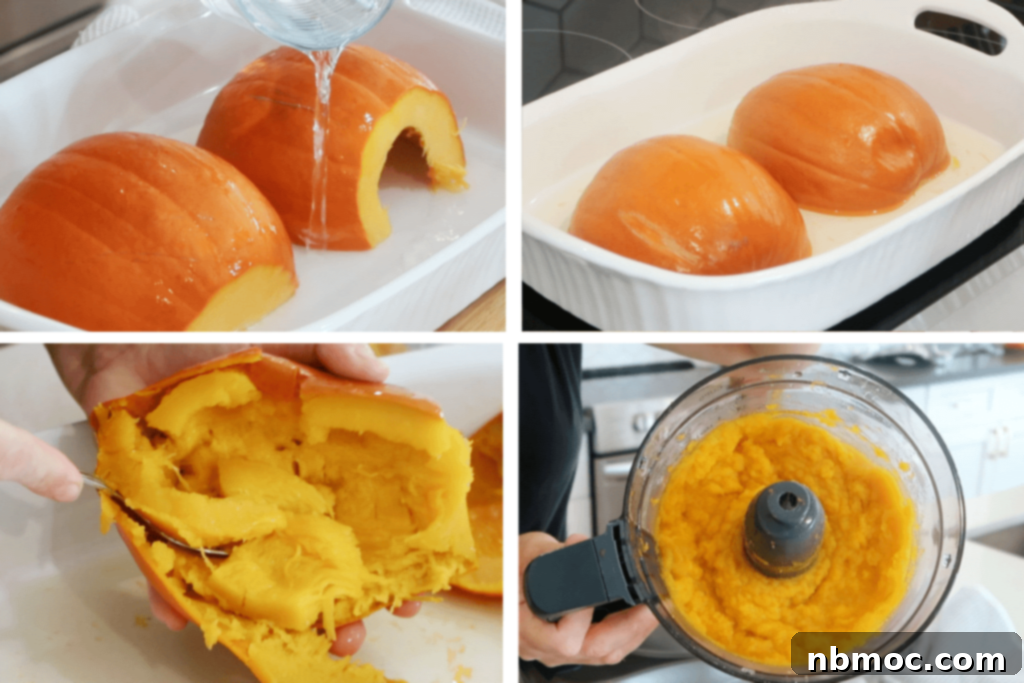 Two roasted pumpkin halves in a baking dish, ready for scooping out the pulp.