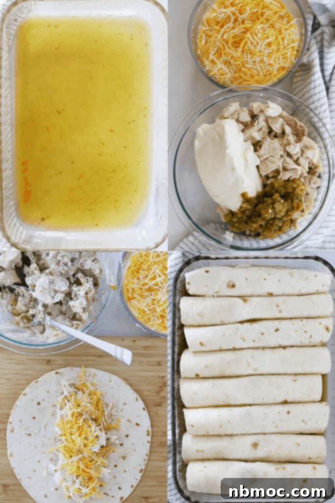 Ultimate Green Chile Chicken Enchiladas 3 A baking dish filled with green chili chicken enchiladas ready for the oven