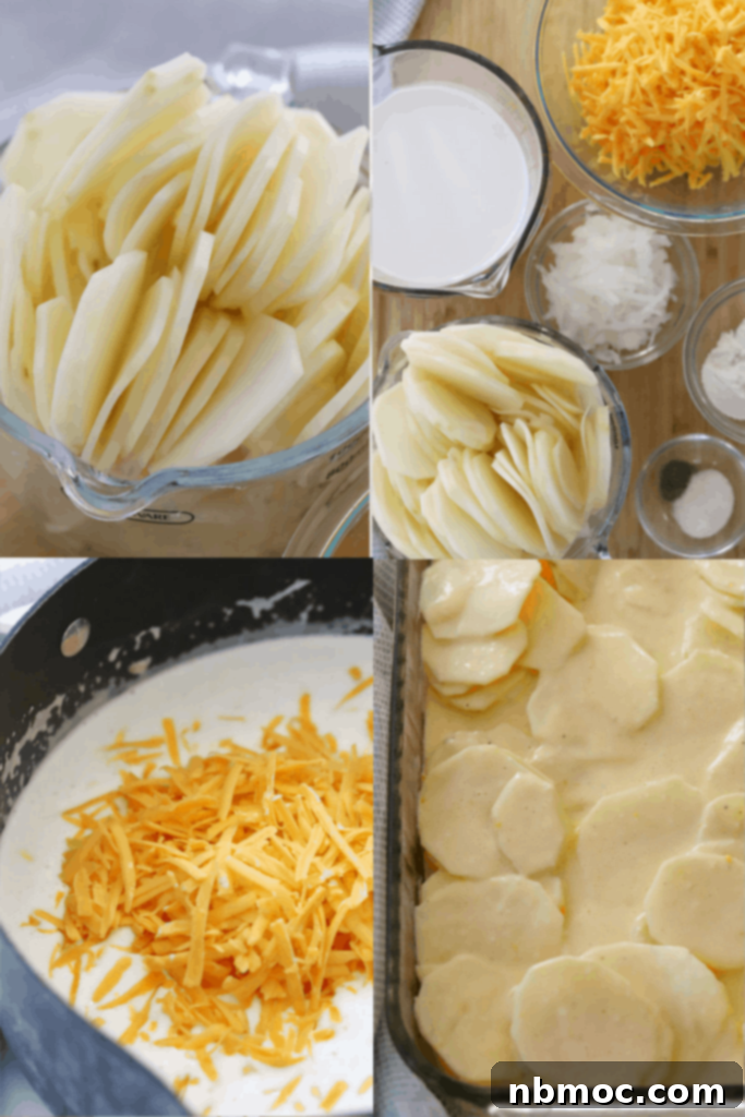 Step-by-step visuals for making au gratin potatoes, including slicing, ingredient prep, sauce making, and assembly.