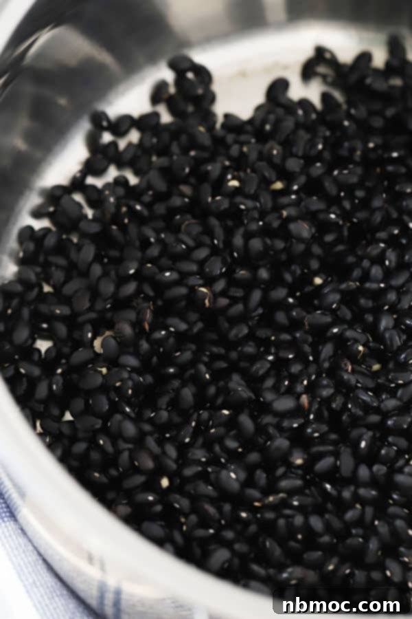 black beans in a large pot, washed and ready to be cooked to make this refried black beans recipe.