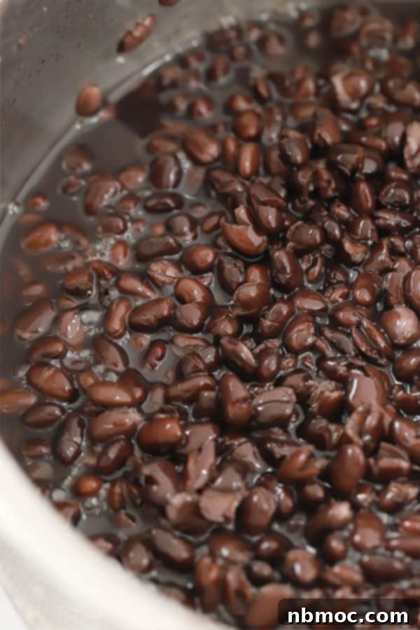 black beans cooked until tender in a large pot.