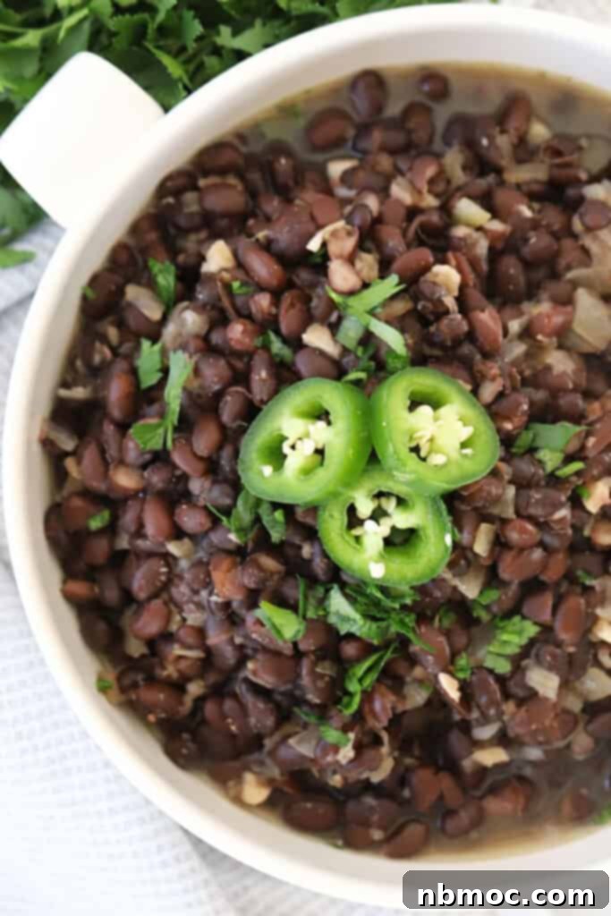 Smoky Chipotle Black Beans 3 A pristine white serving dish showcasing a generous portion of copycat Chipotle black beans, elegantly topped with freshly chopped cilantro and thinly sliced jalapeños, highlighting their vibrant appeal.