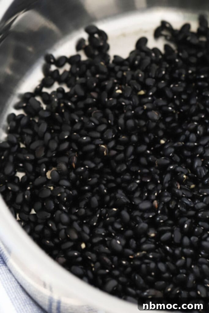 Smoky Chipotle Black Beans 4 Uncooked black beans soaking in a pot, ready to be transformed into a homemade Chipotle copycat black bean recipe, emphasizing fresh ingredients.