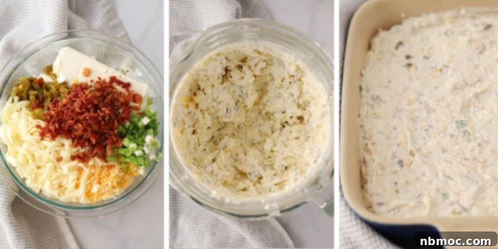 Step-by-step image showing how to make the creamy base of bacon jalapeno popper dip, mixing cream cheese, sour cream, and shredded cheeses.