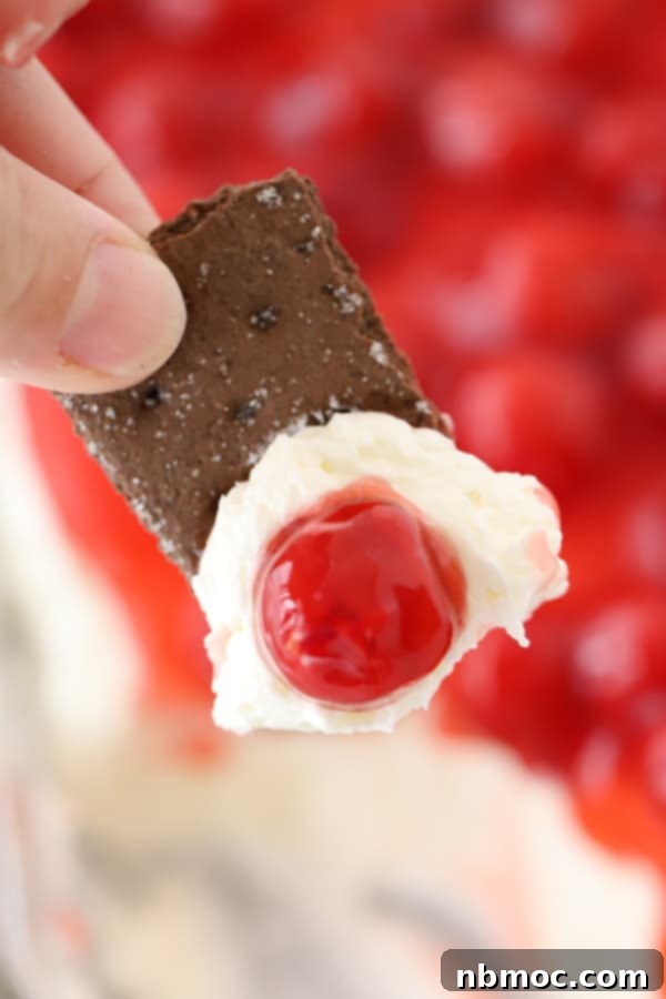 A scoop of cherry cheesecake dip served on a chocolate graham cracker, garnished with fresh cherries.