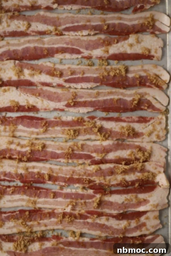 Crispy Glazed Bacon Bliss 2 A sheet pan filled with uncooked bacon sprinkled with brown sugar, ready for baking. The best candied bacon recipe.