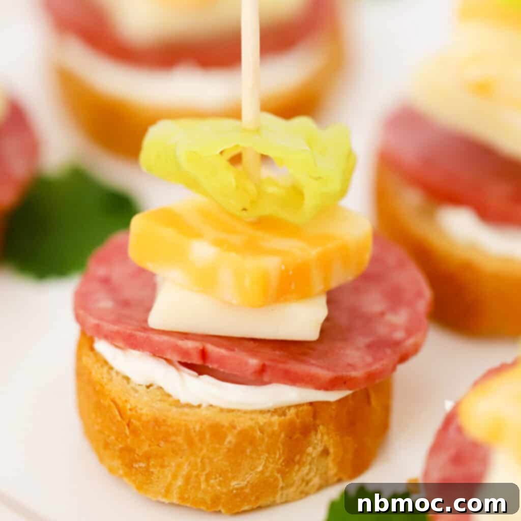 Zesty Italian Kebab Bites 4 A close-up shot of a single mini skewer layered with salami, cheese, pepperoncini, and a slice of baguette, highlighting its delicious components.