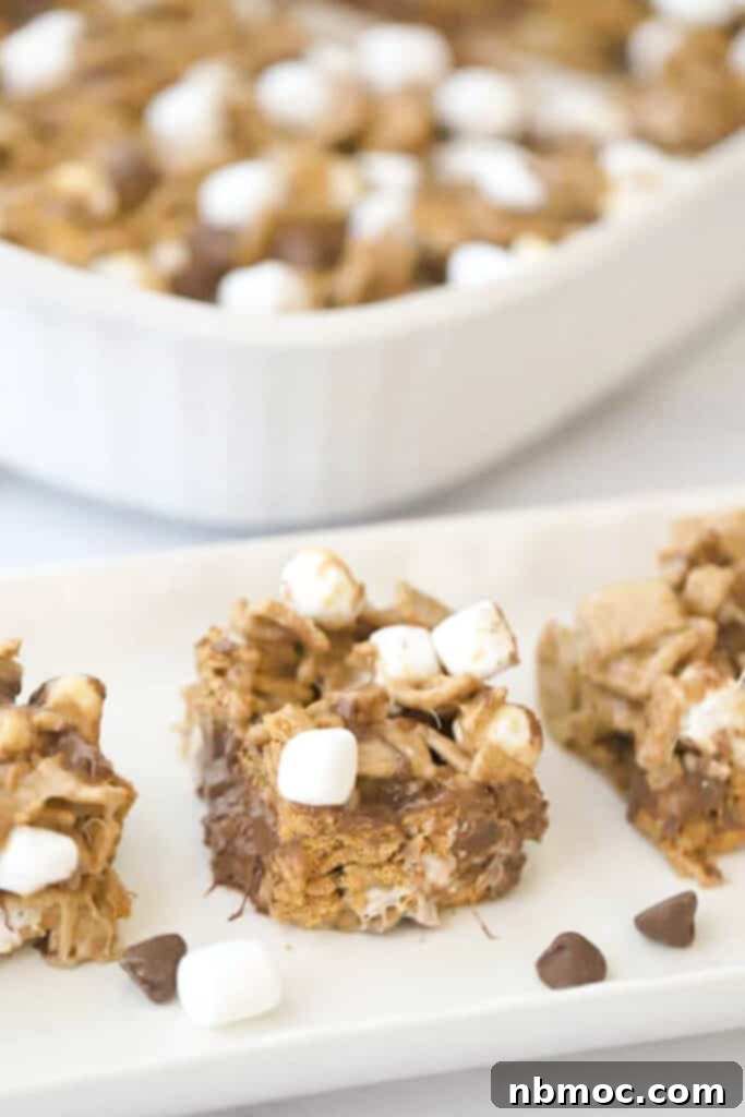 Golden Grahams S'mores Bars lined up on a serving plate.