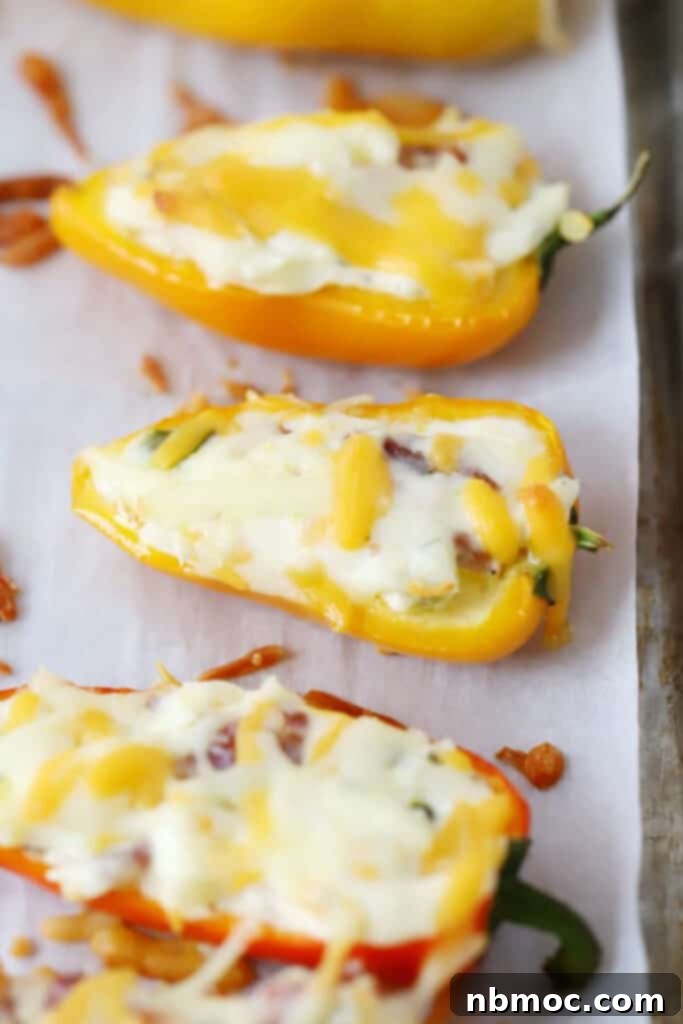 Baked cream cheese stuffed peppers resting on a parchment-lined baking sheet, their cheese tops golden and bubbly. They are perfectly cooked and ready to be served.