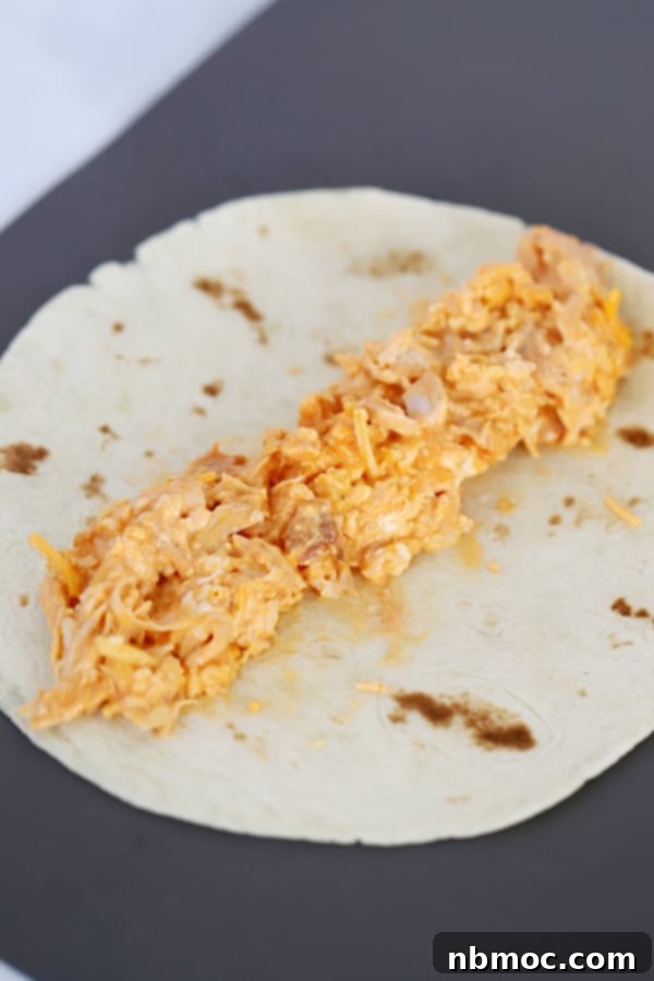 Close up of a plate of homemade buffalo chicken taquitos, with a side of creamy dip.