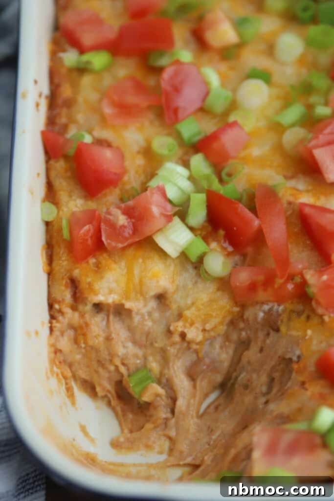 Warm Mexican refried bean dip with cream cheese, garnished with fresh tomatoes and green onions, served in a blue cast iron baking dish.