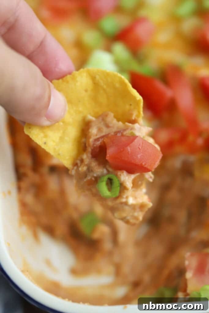 A scoop of cheesy bean dip perfectly settled on a tortilla chip, ready to be enjoyed.