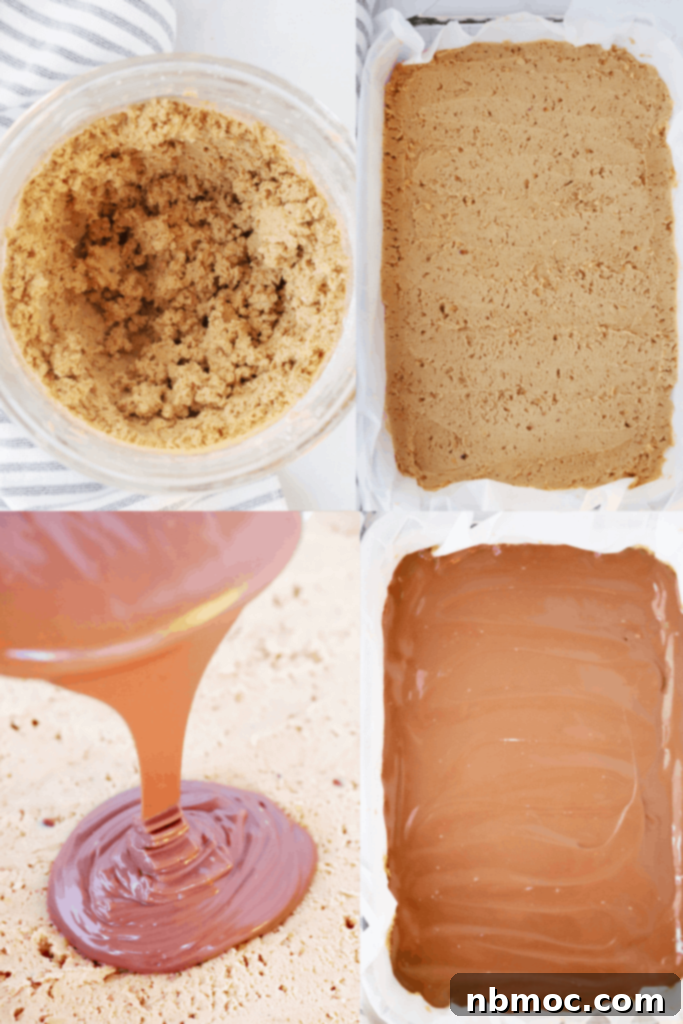 Peanut Butter Dream Bars 3 A visual guide showing the process of making No Bake Peanut Butter Bars, from mixing the peanut butter base to spreading the chocolate topping.