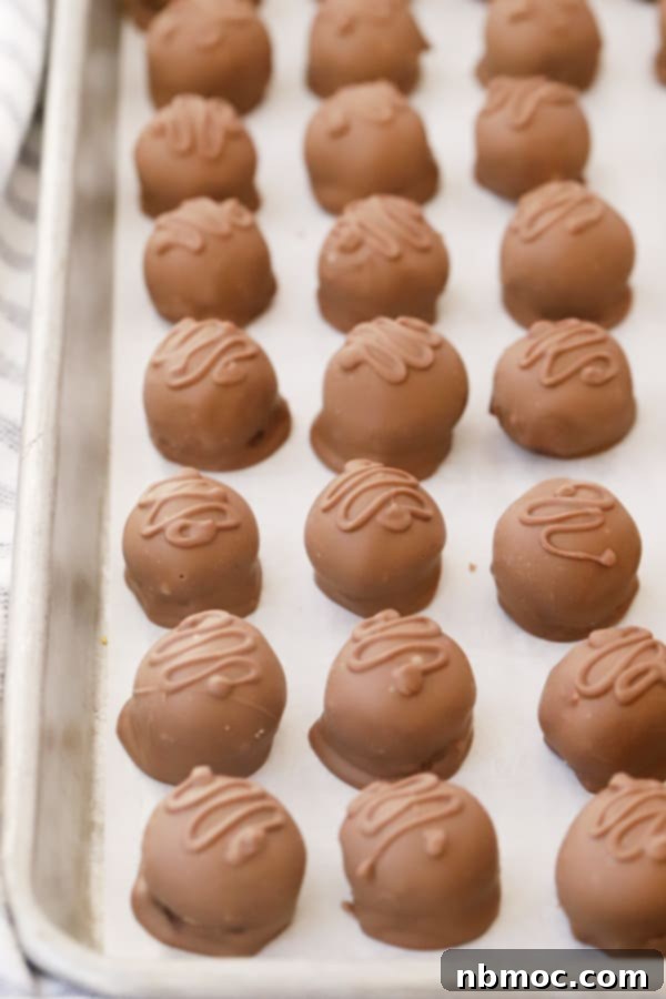Cocoa Coated Coconut Bliss 4 Homemade coconut ball candy lined up on a sheet tray.
