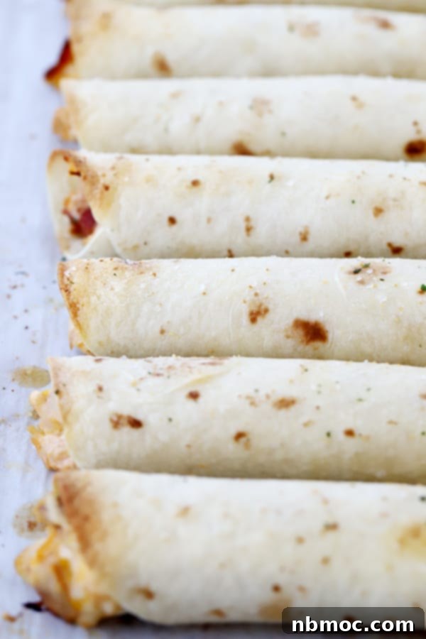 Golden Crisp BBQ Chicken Taquitos 2 Baked chicken taquitos in a row, golden brown and crispy.