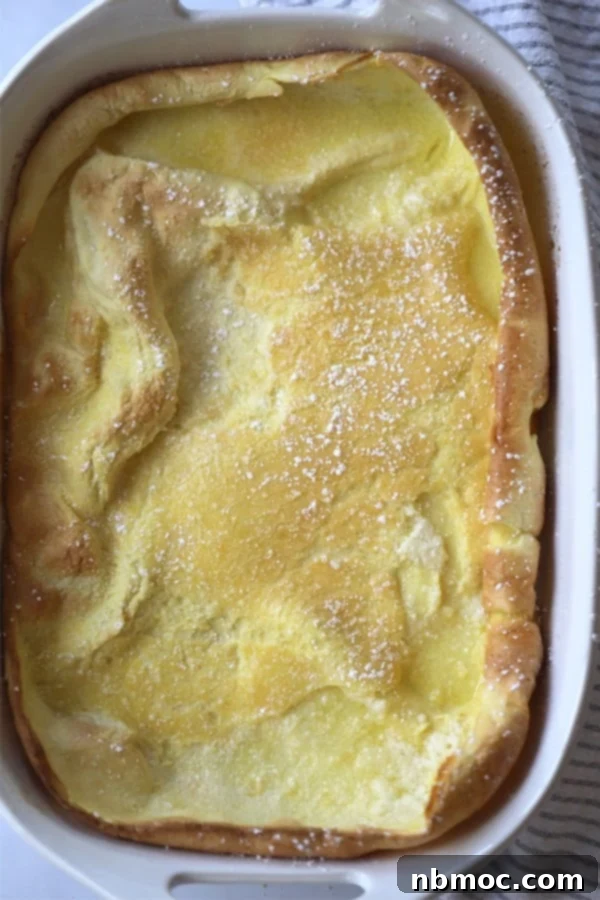 einkorn german pancakes made with einkorn all-purpose flour in a baking dish.