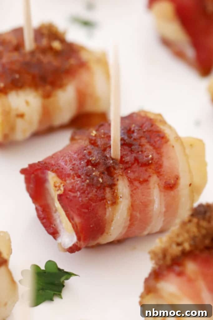 Crispy bacon-wrapped chicken bites with toothpicks, an easy appetizer recipe perfect for any occasion.