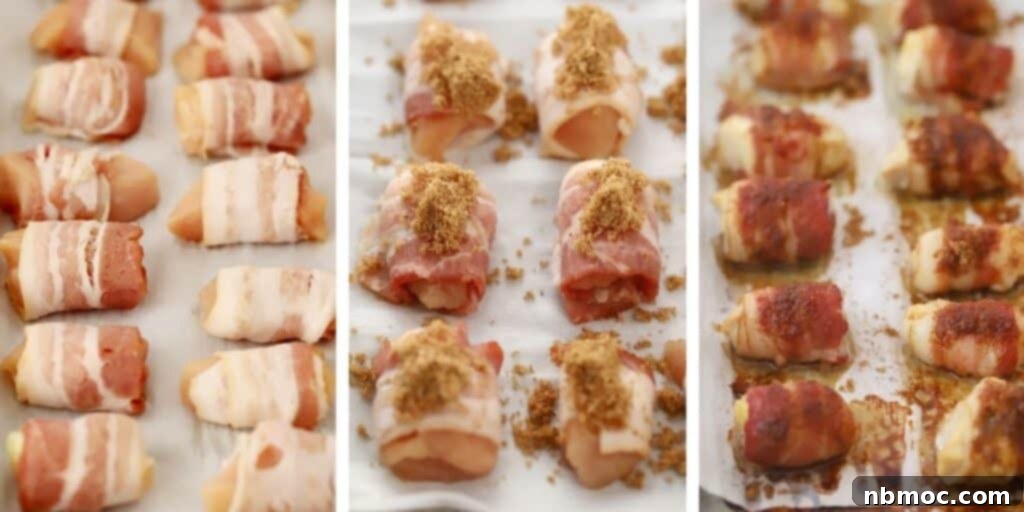 Close-up of bacon wrapped chicken pieces before baking, showcasing the preparation process for these delicious bites.