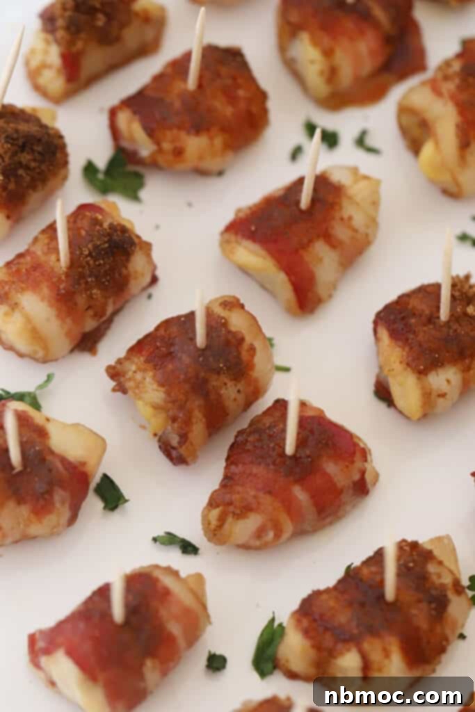 Freshly baked bacon wrapped chicken bites, golden brown and caramelized, ready to be served.