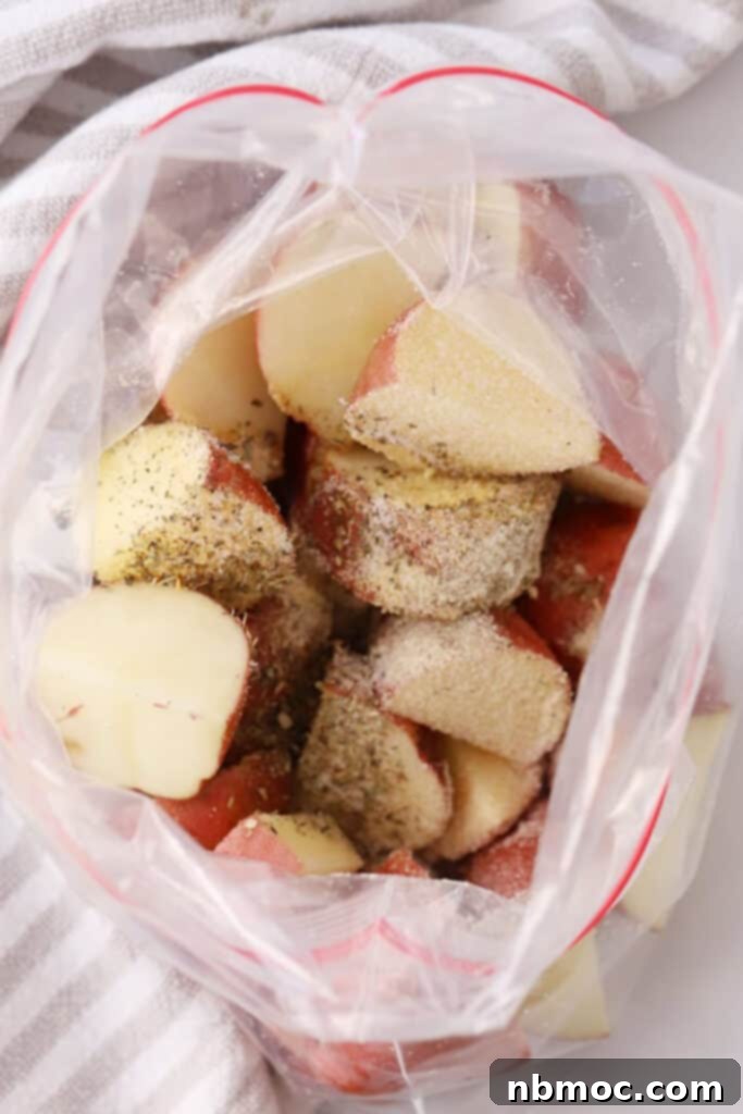 Decadent Garlic Herb Cheesy Potatoes 3 garlic and herb seasonings for potatoes, inside a bag to coat the potatoes.