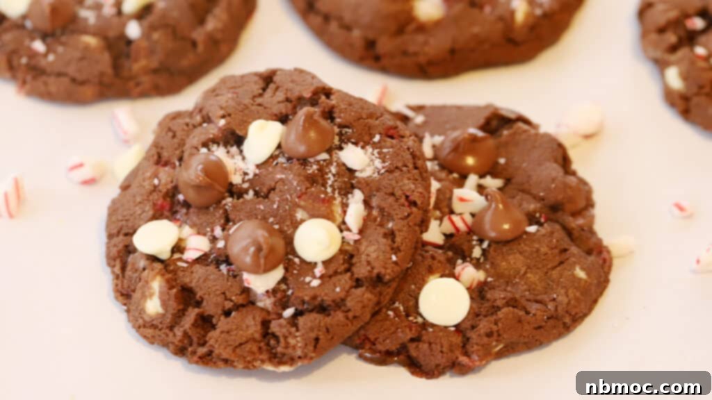 Festive Chocolate Peppermint Crunch Cookies 5 Homemade chocolate cookies adorned with festive candy canes, a classic recipe for chocolate candy cane cookies and crushed candy cane cookies, perfect for the holidays.