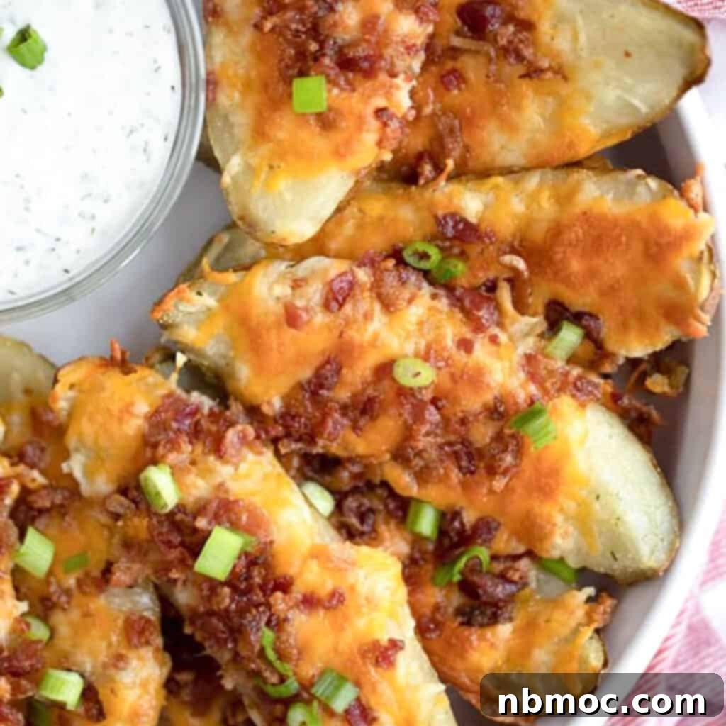 loaded baked potato skins recipe with cheese and bacon, easy baked potato skins recipe, game day menu ideas.