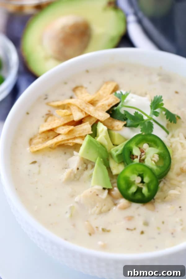 A bowl of white chicken chili garnished with fried tortilla strips, jalapenos and avocado.