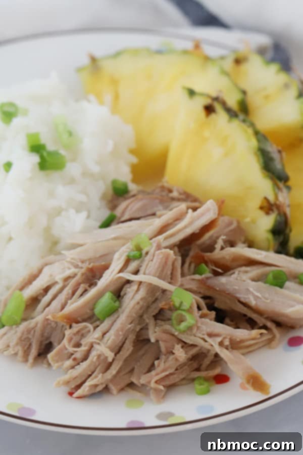 A plate full of shredded pork, rice and pineapple slices.