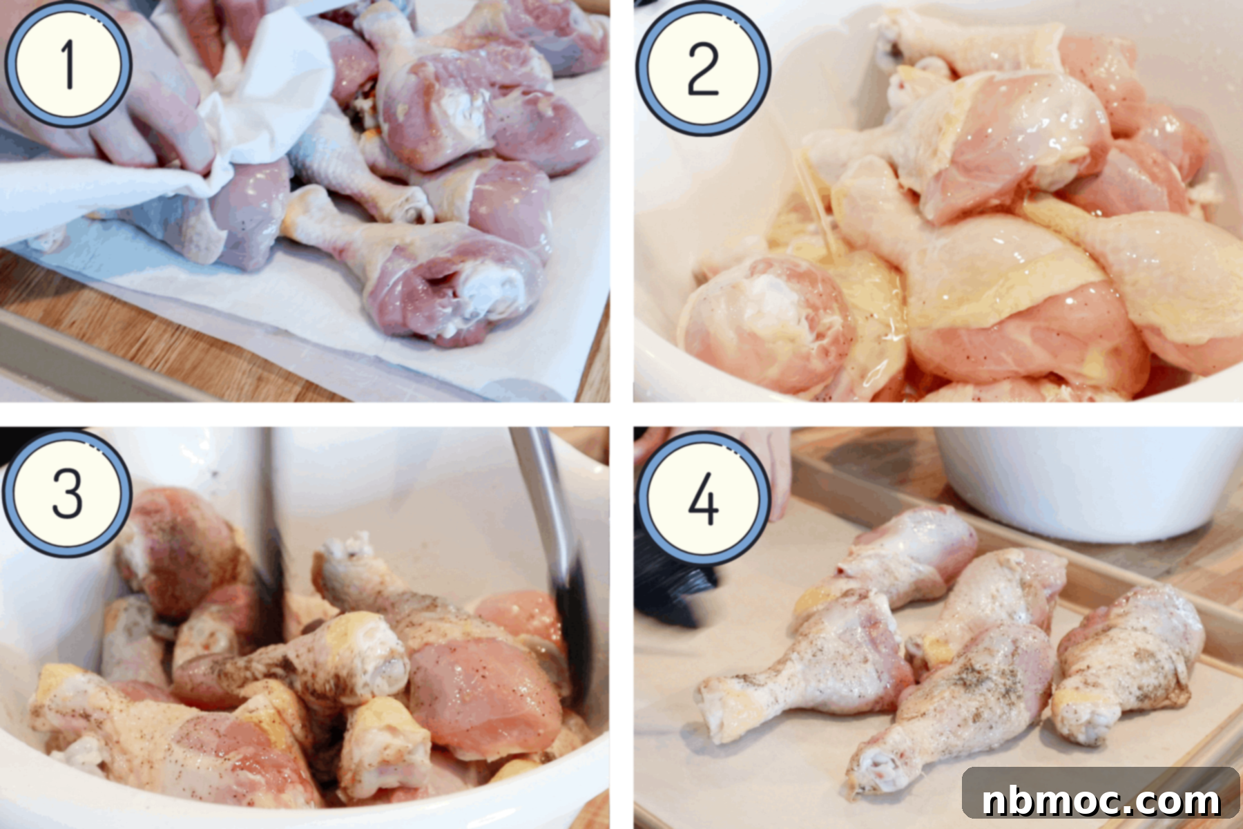 Golden Garlic Butter Drumsticks 4 Steps showing how to bake drumsticks beginning with drying them off, adding garlic seasoning, and placing on a sheet tray.