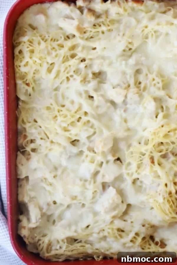 Baked spaghetti with cheese and chicken in a red baking dish.