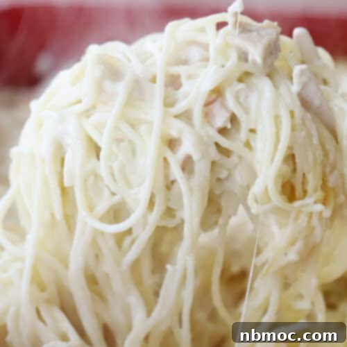 Baked spaghetti with cheese and chicken in a red baking dish.