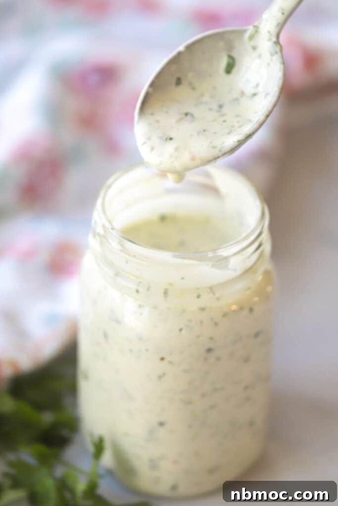 Creamy Fiesta Ranch 2 A glass jar filled with creamy Southwest ranch dressing, with a spoon dipping in it, set against a rustic background.
